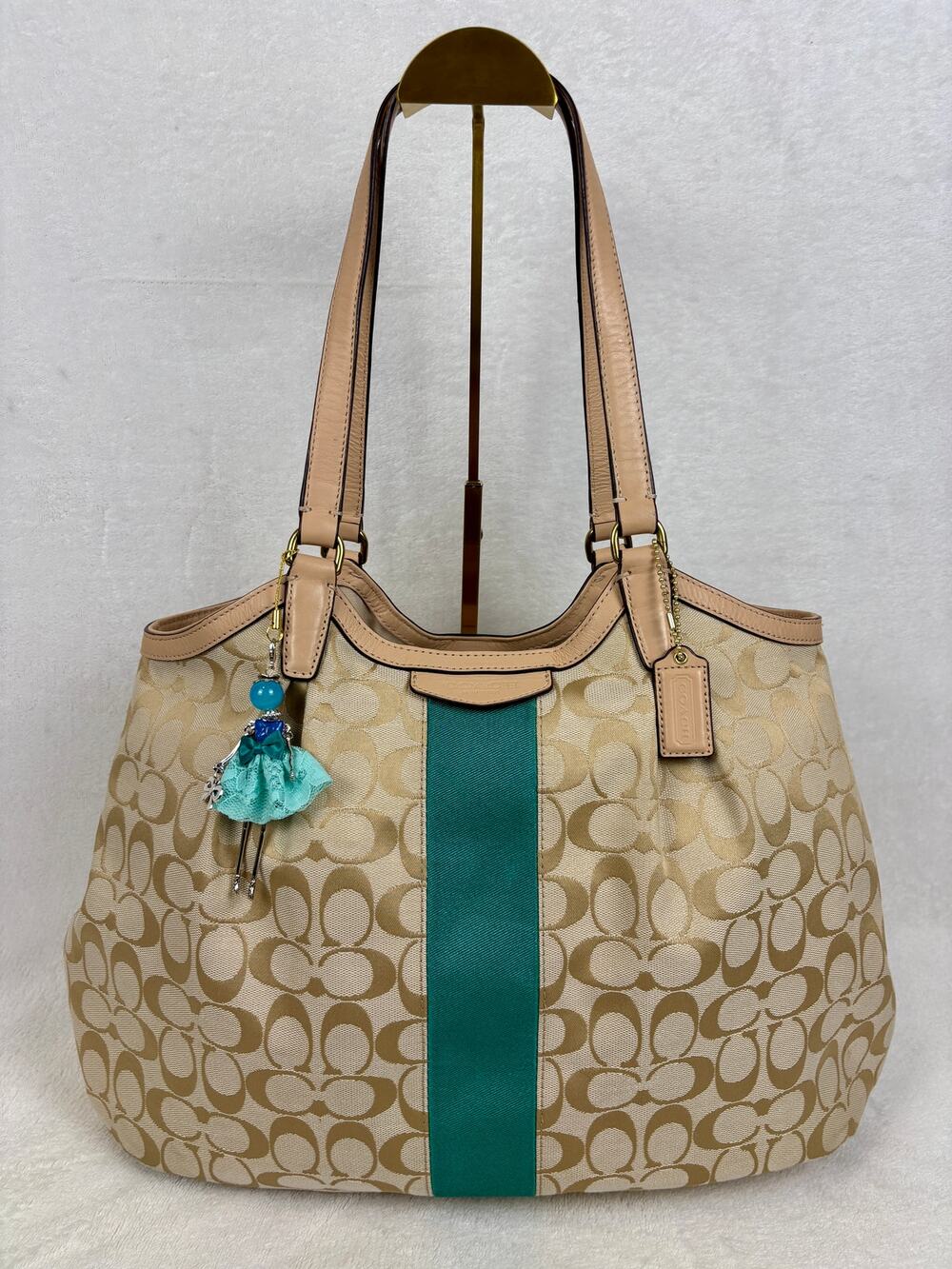 Coach Signature Khaki Emerald Stripe Devin Shoulder Bag with Charmr